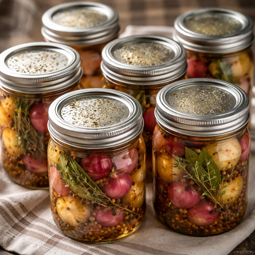 Glass jars of pickled onions with spices in golden brine, sealed lids