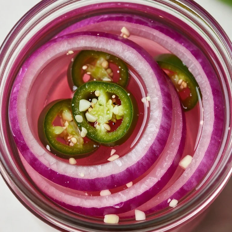 Pickled red onions with jalapeños and lime juice in glass jar