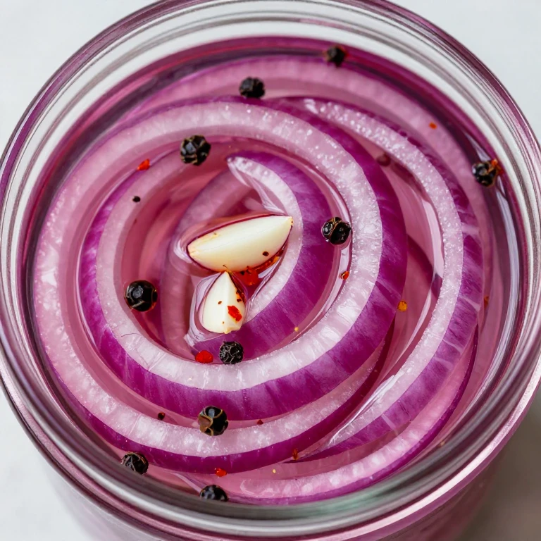 Peppercorn and garlic pickled red onions with red pepper flakes