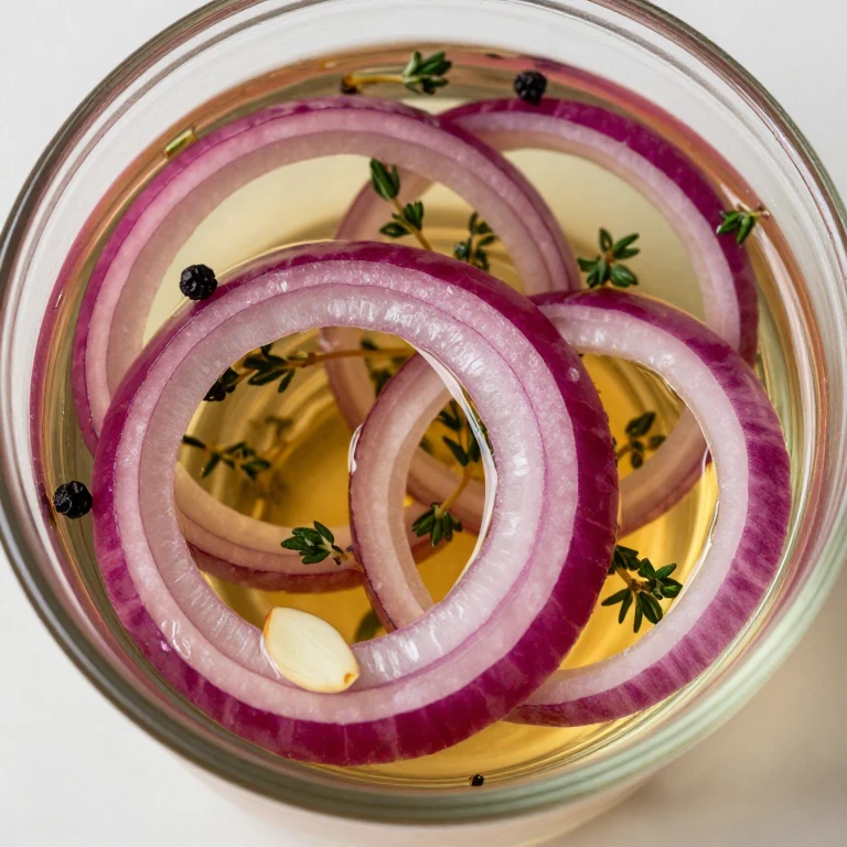 Thyme and garlic pickled red onions with peppercorns in jar