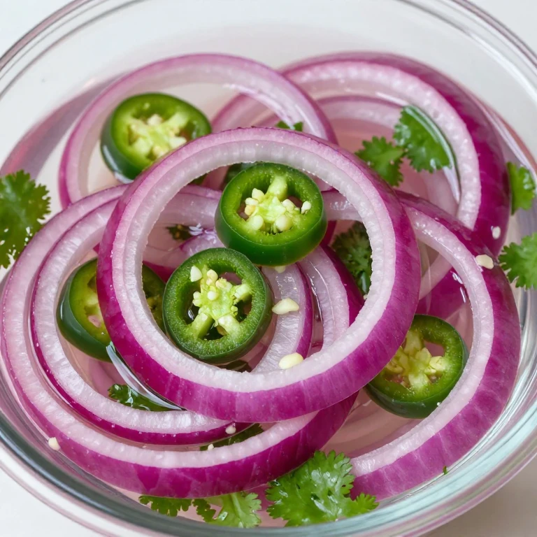 Serrano pepper and cilantro pickled red onions in clear brine