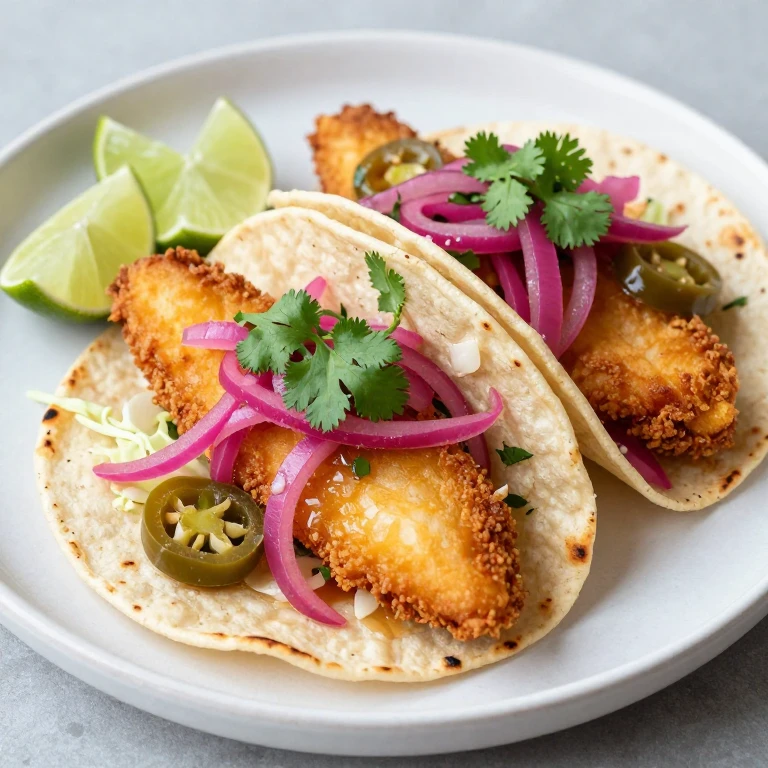 Golden crispy Baja fish taco with pickled red onions, jalapeños, cilantro, and lime