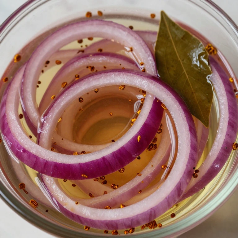 Cumin-coriander pickled red onions with bay leaf in brine