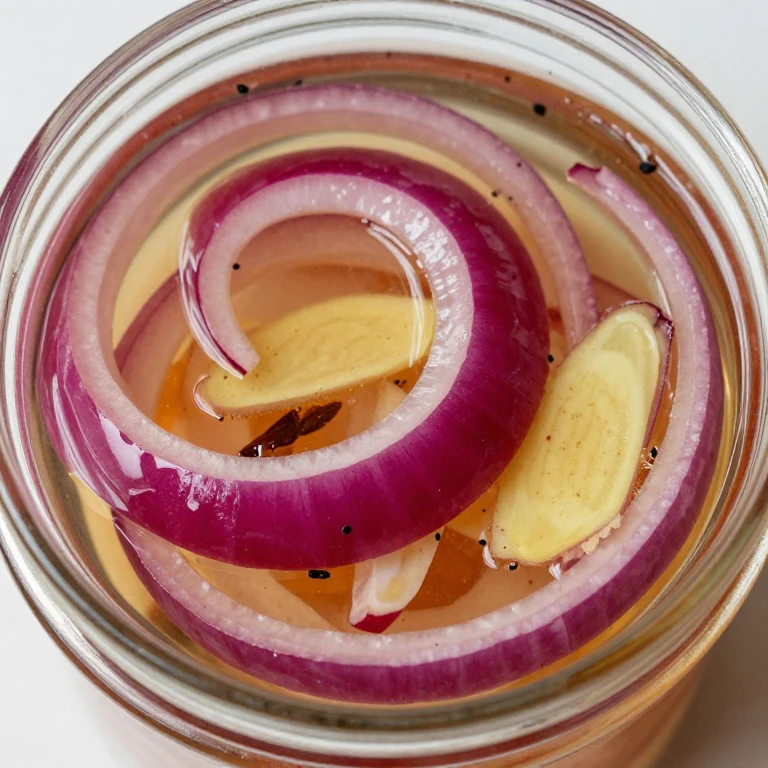 Honey-ginger pickled red onions with star anise in rice vinegar