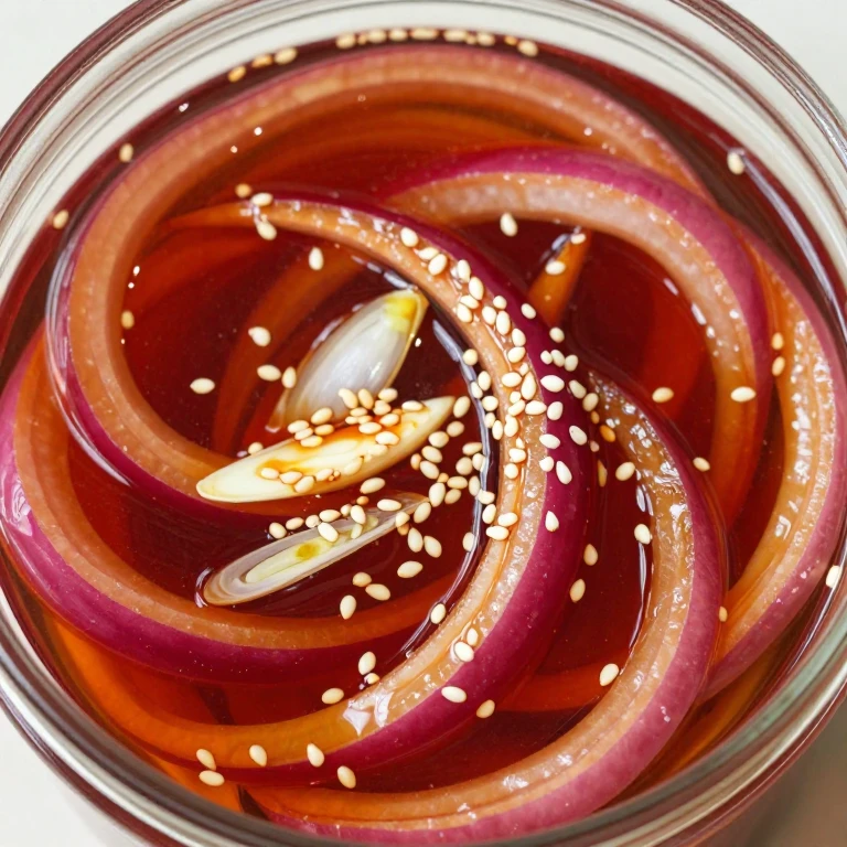 Korean pickled onions in gochujang brine with toasted sesame seeds in glass jar