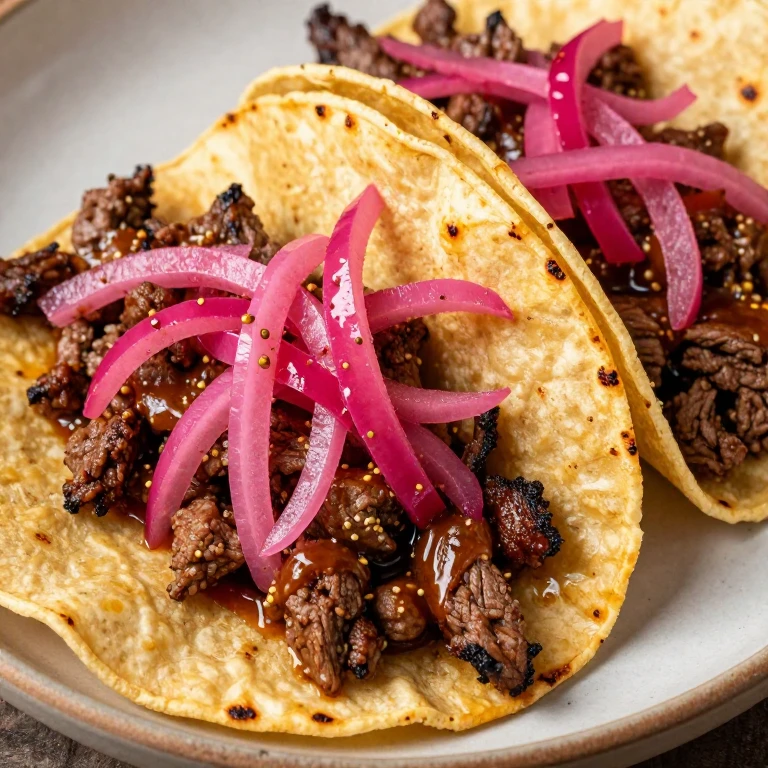 Beef tacos topped with vibrant pickled onions and spiced ground beef filling
