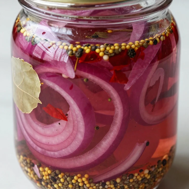 gluten-free pickled red onions in glass jar with visible spices and brine