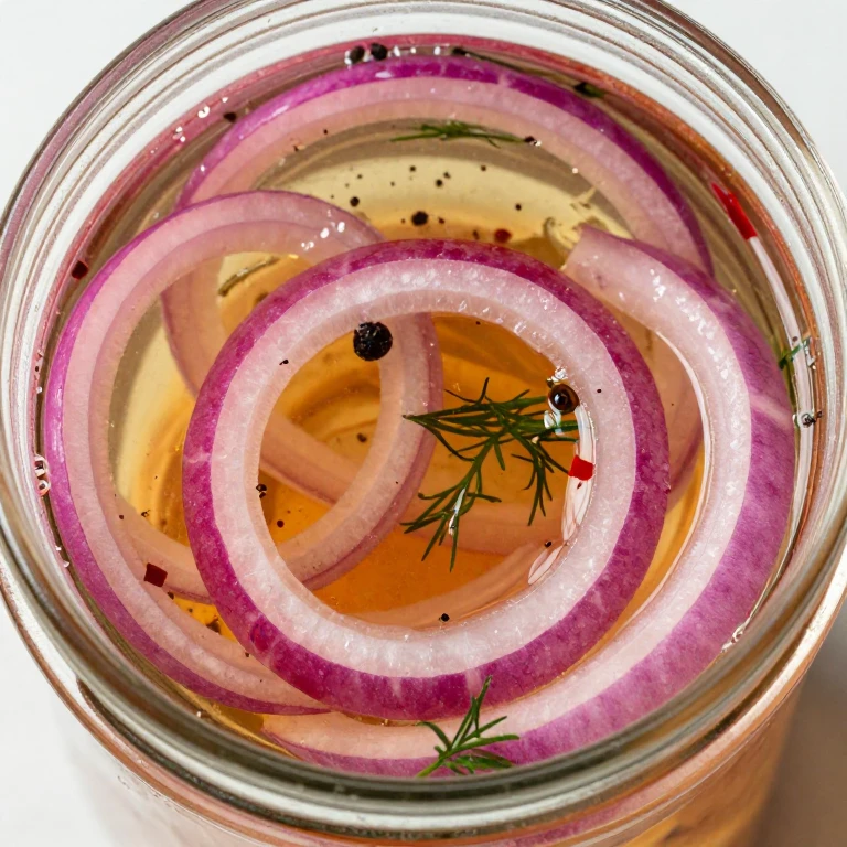 ruby-red pickled onion rings in clear glass jar with golden brine and aromatics