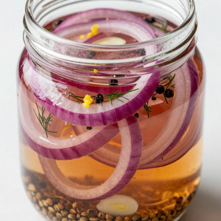 pickled red onions in glass jar with herbs and spices in vinegar brine