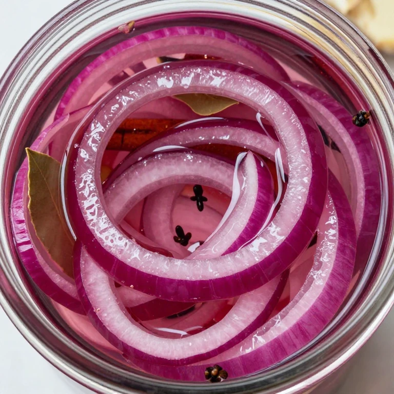 Clear glass jar of deep ruby pickled onions with spices and brine, bright and tangy