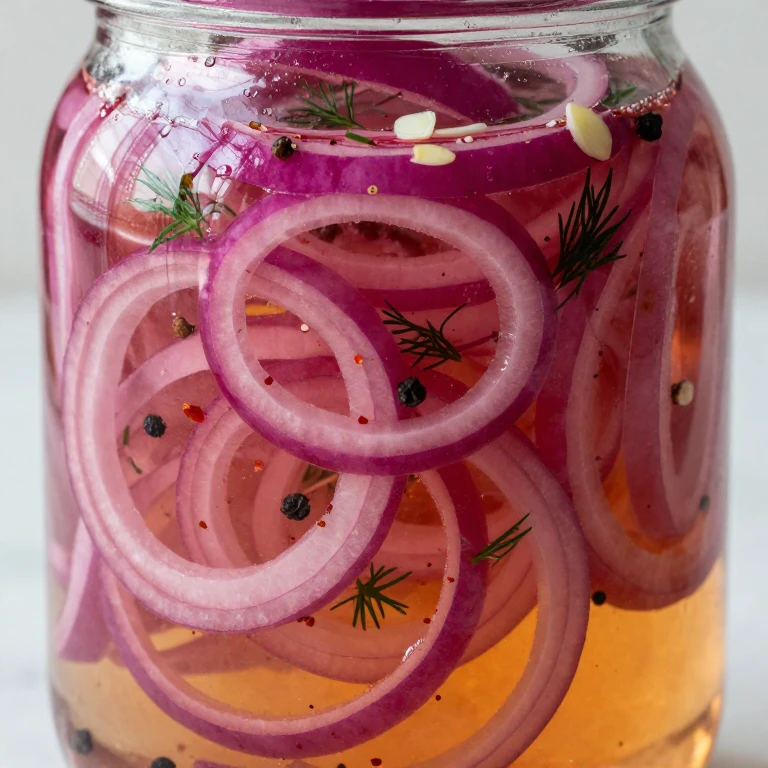 vibrant purple pickled onions in clear brine with dill and garlic in glass jar