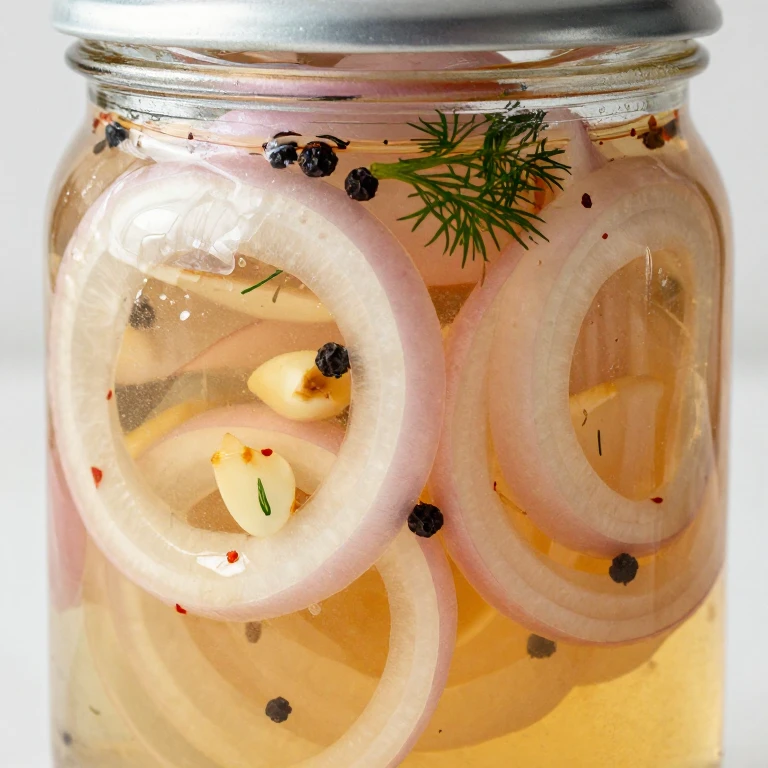 pickled onion rings in glass jar with apple cider vinegar brine and fresh dill