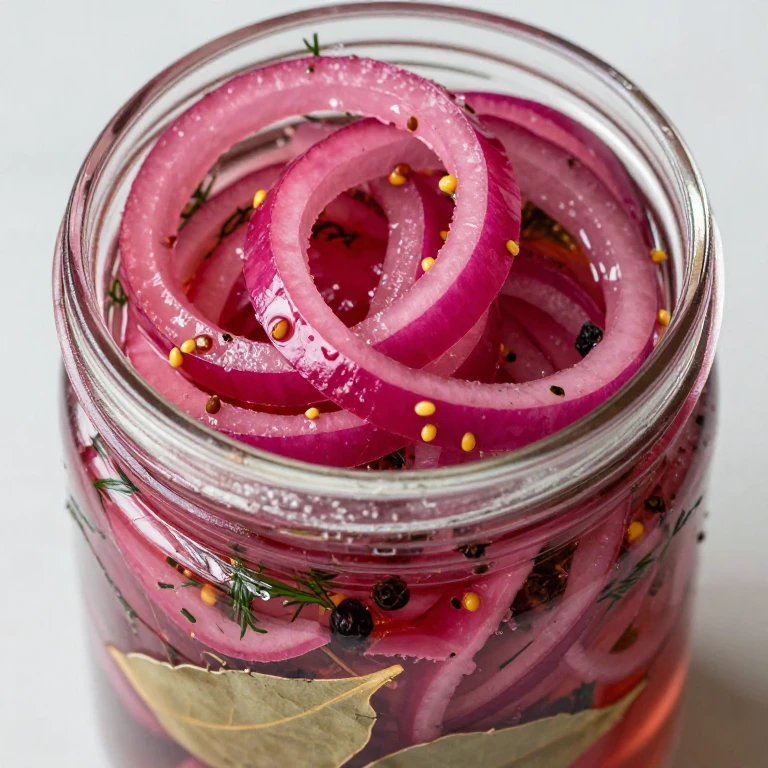 pickled red onion rings with mustard seeds and dill in glass jar