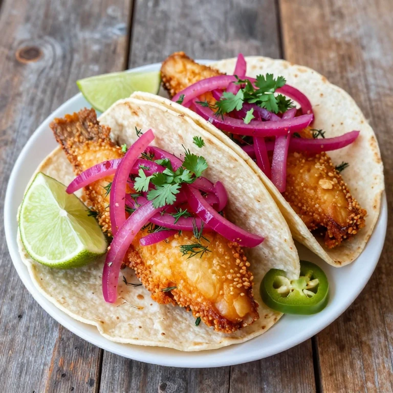Golden fish tacos with vibrant pickled red onions, cilantro, and lime wedges