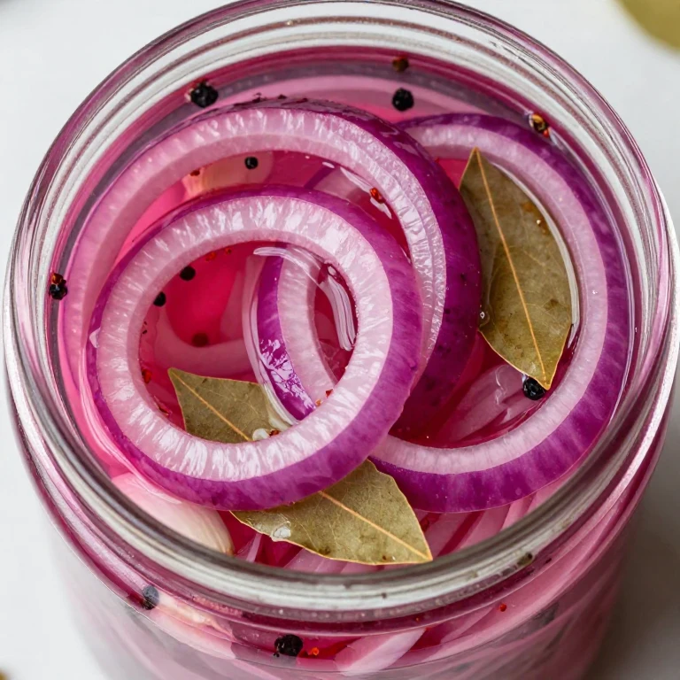 pickled onion rings in glass jar with garlic, peppercorns, and brine