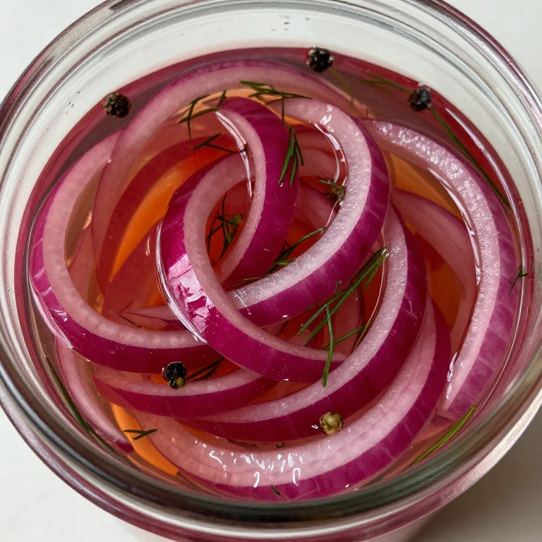 Vibrant pickled red onions in amber vinegar brine with dill and peppercorns in glass jar