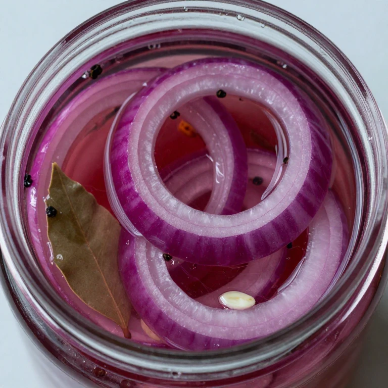 pickled red burgundy onions in glass jar with brine and spices