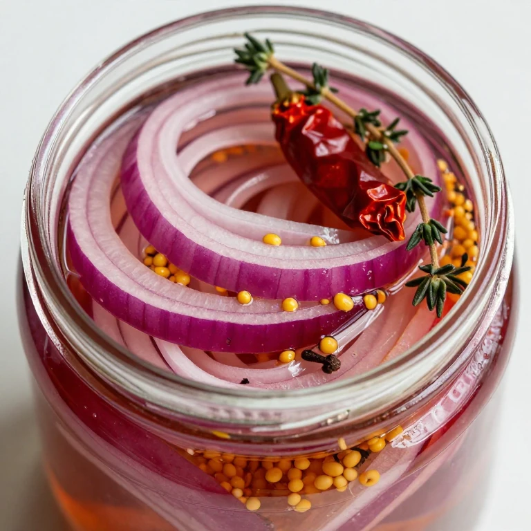 pickled red candy onions with mustard seeds and thyme in jar