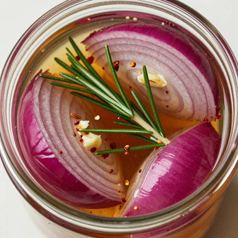 pickled red torpedo onion halves with rosemary and coriander
