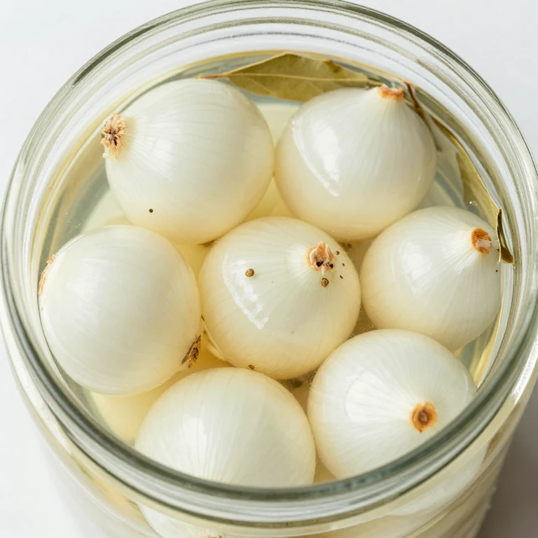 pickled white boiling onions with bay leaves and pickling spice