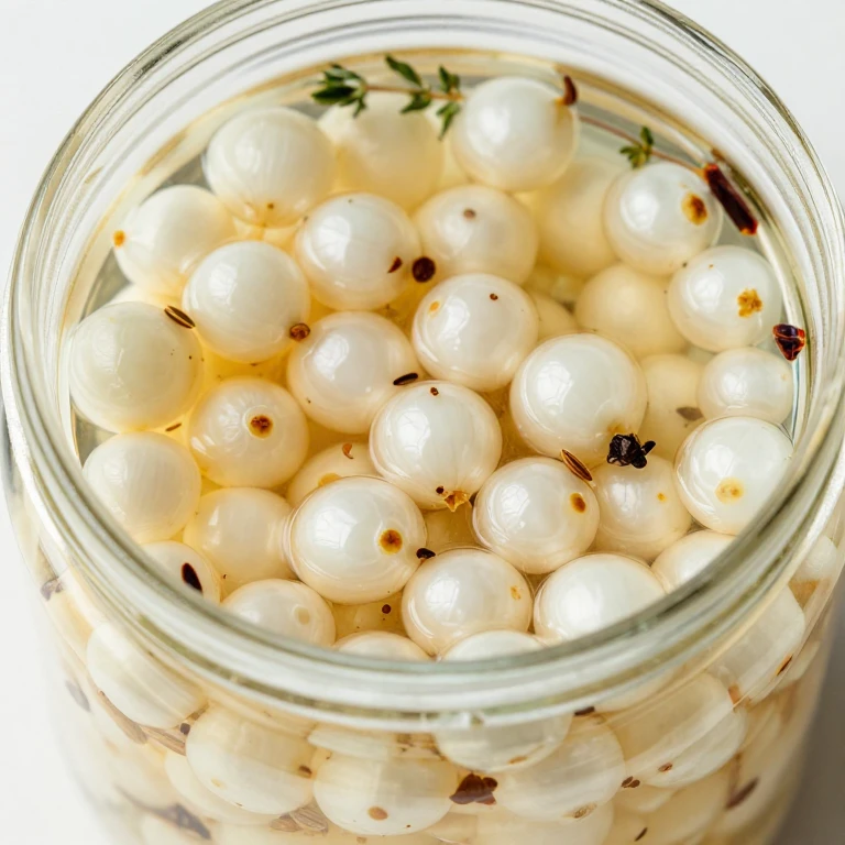 pickled white pearl onions with thyme and cloves in jar