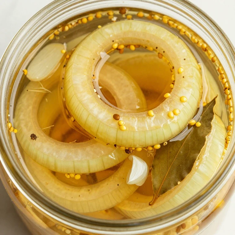 pickled yellow Spanish onion rings with mustard and fennel seeds