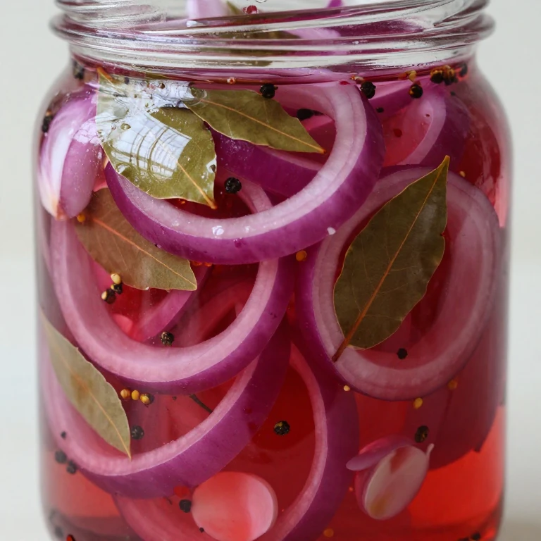 Homemade bay leaf pickled red onions in glass jar with brine and spices