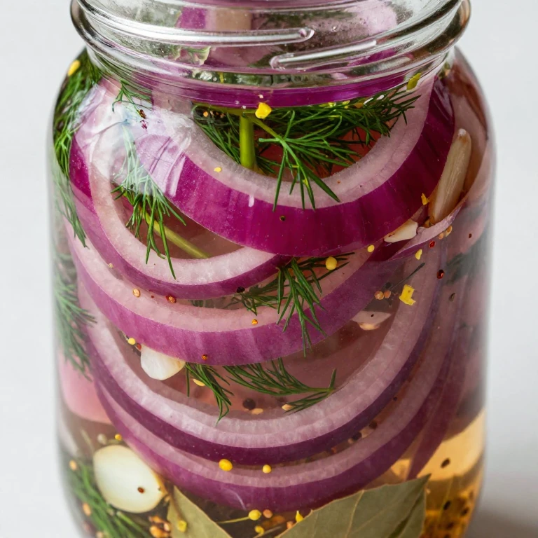 vibrant magenta pickled red onion rings with fresh dill in clear glass jar