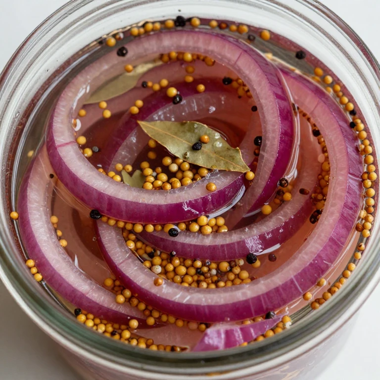 Pickled red onions with mustard seeds in glass jar, deli-style crunch