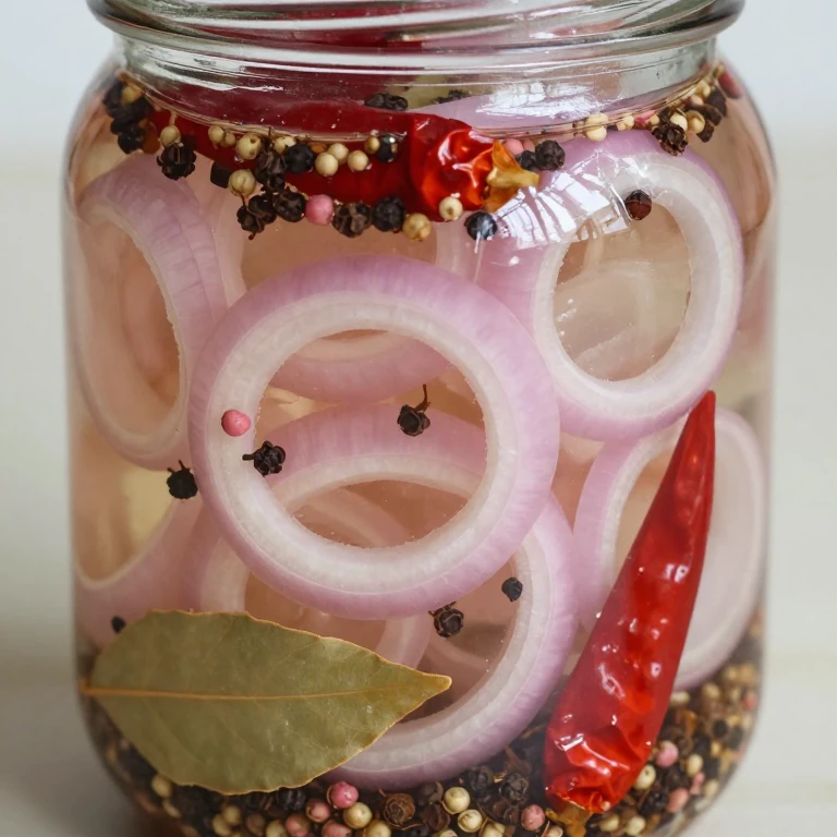 Clear glass jar of pickled onions with peppercorns and spices in brine