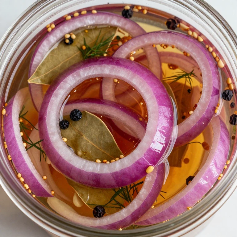 pickled red onions in glass jar with apple cider vinegar brine and spices