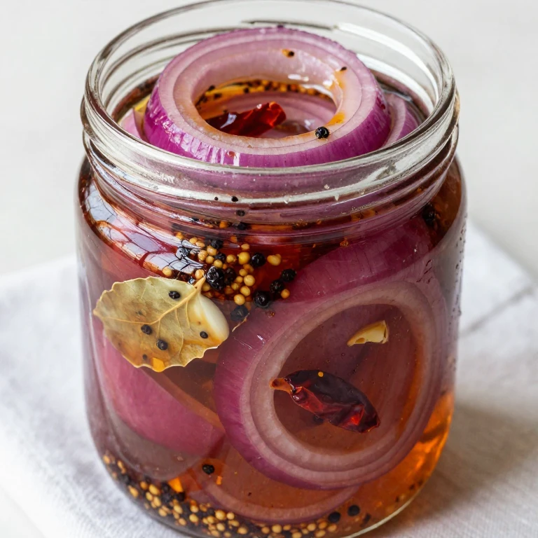 maple syrup pickled onions in glass jar with spices and brine
