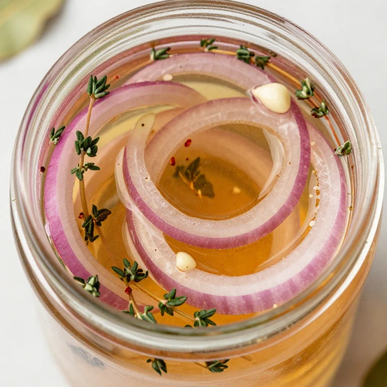 Apple cider vinegar pickled onions with fresh thyme, garlic, and red pepper flakes