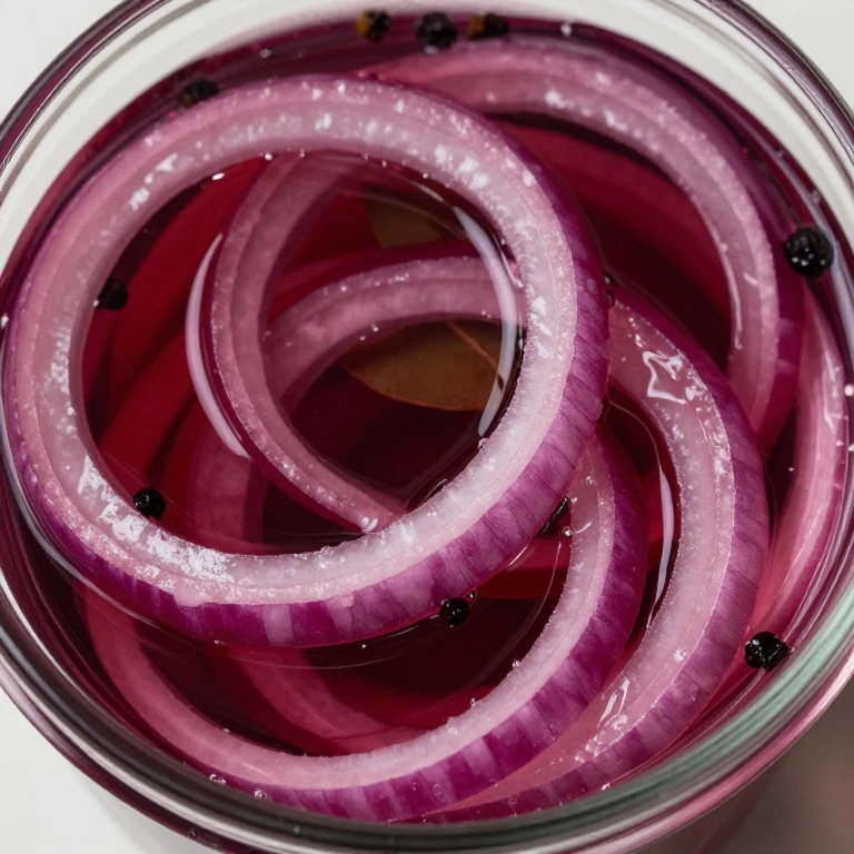 Red wine vinegar pickled red onions in clear jar with bay leaves and peppercorns