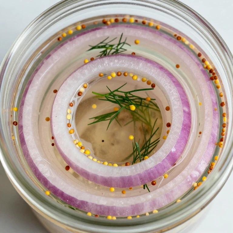 Dill mustard seed pickled onions with fresh dill sprigs and visible mustard seeds