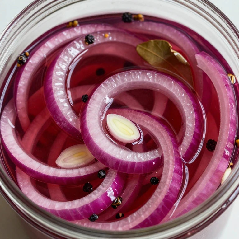 Garlic-infused bold pickled onions with abundant thin garlic slices in red wine brine