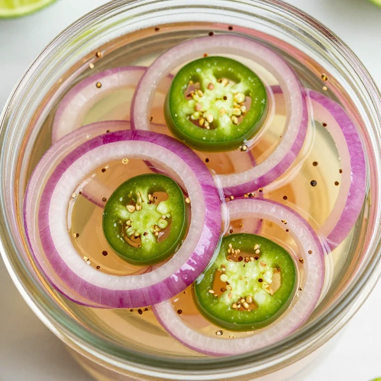 Jalapeño-lime pickled onions with fresh green jalapeño slices in bright brine