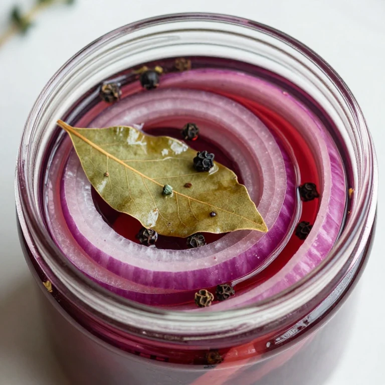 Classic pickled red onions with bay leaves, peppercorns, and fresh thyme sprigs