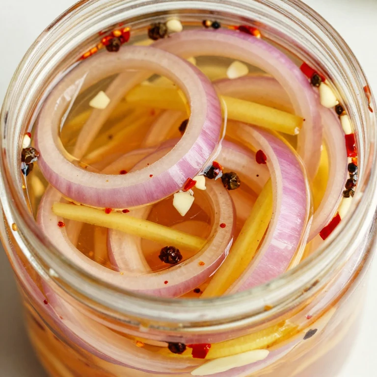 Spicy ginger pickled onions with julienned ginger, red pepper flakes, and Sichuan peppercorns