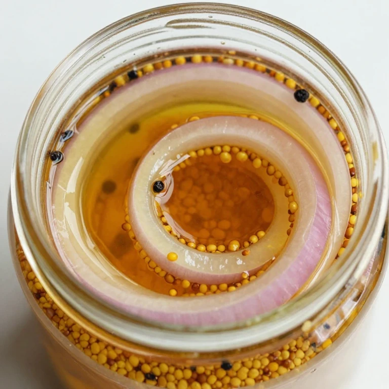 Mustard seed turmeric golden pickled onions with visible yellow and brown mustard seeds