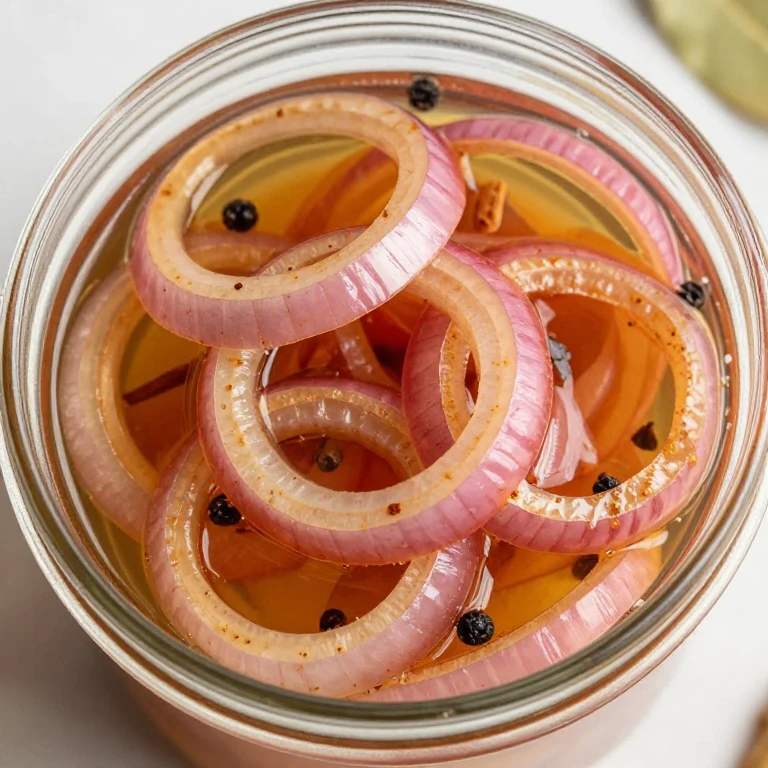 Apple-cinnamon pickled onions with cinnamon sticks, cloves, and subtle spice visible
