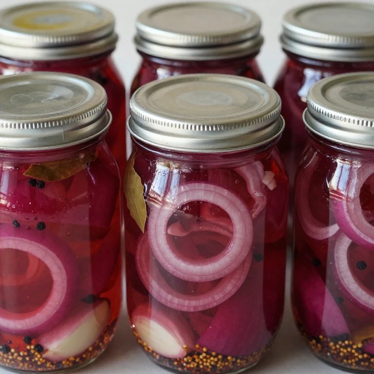 homemade pickled red onions in sealed canning jars with spices and brine