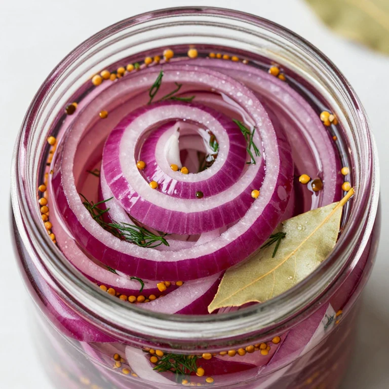 Dill and mustard seed pickled red onions in glass jar with brine
