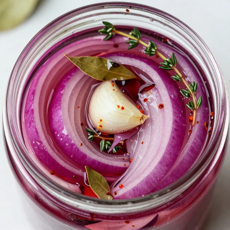 Garlic and thyme pickled red onions with herbs in vinegar brine