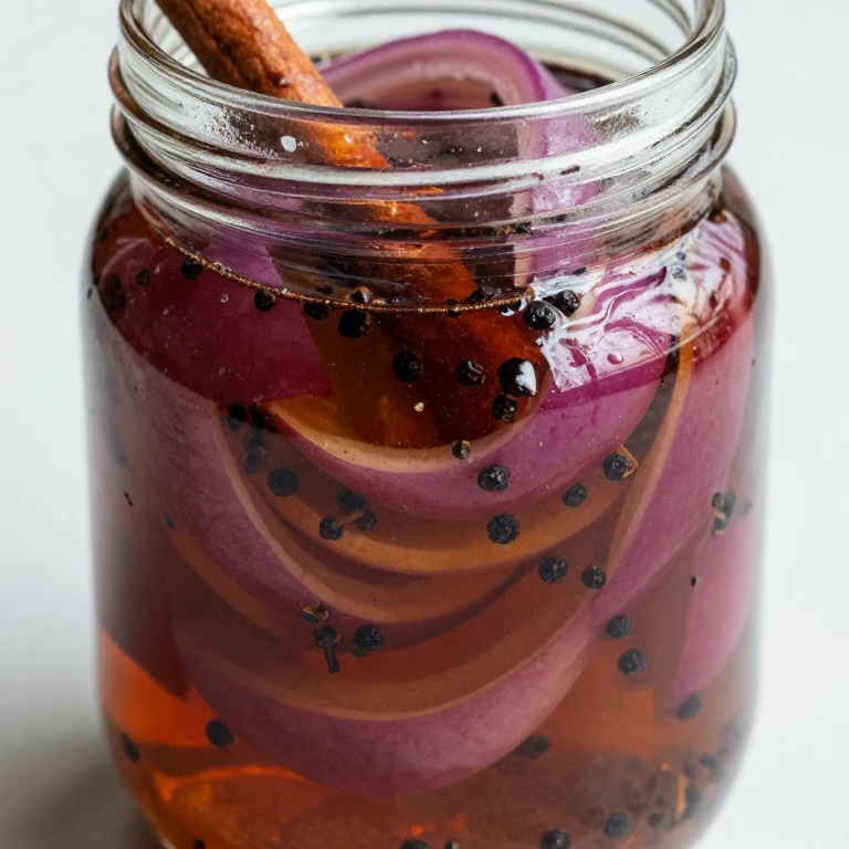 Maple and black peppercorn pickled onions with spices in brine
