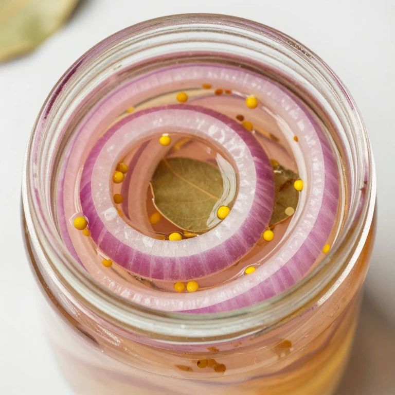 Mild honey-sweetened pickled onions with bay leaves and mustard seeds in clear brine