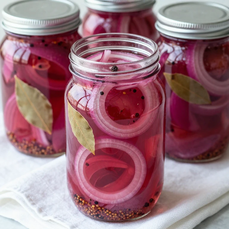 Sealed glass jars of vibrant pink pickled red onions with visible spices and brine