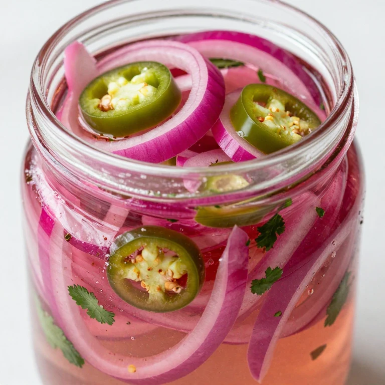 Jalapeño and lime pickled red onions with cilantro in jar