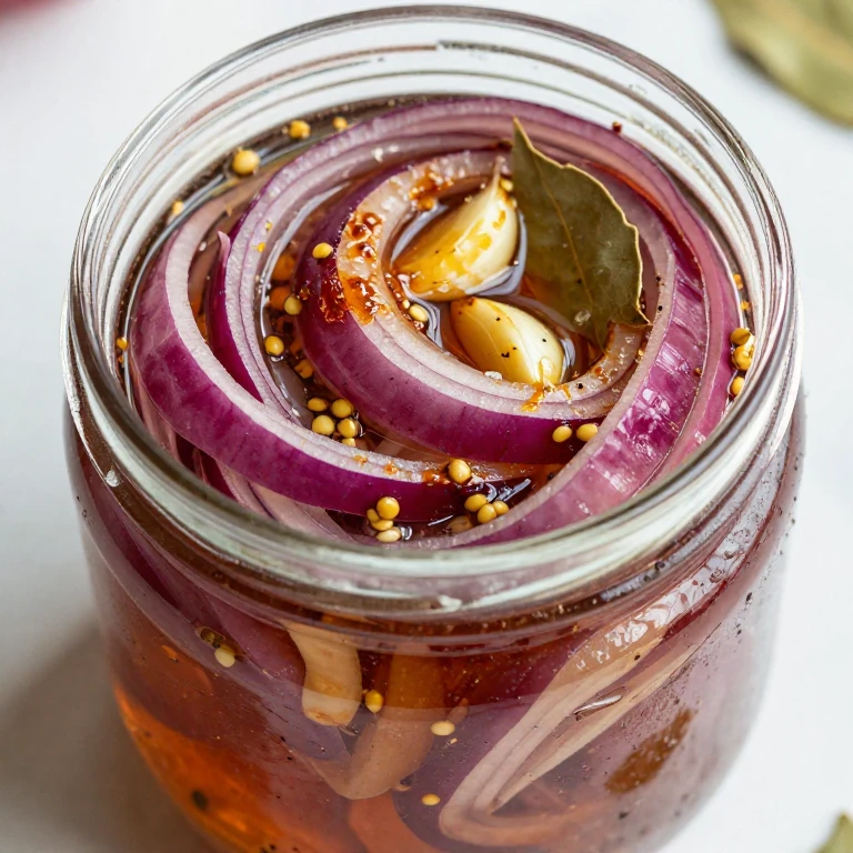Apple cider and garlic pickled red onions with mustard seeds