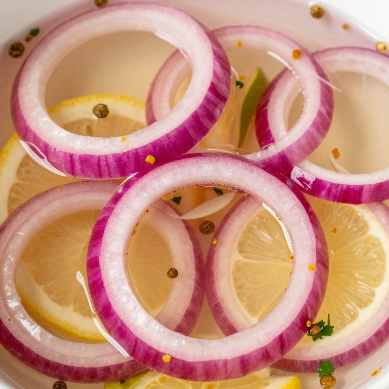 Translucent red onion rings with lemon and lime zest in bright citrus brine